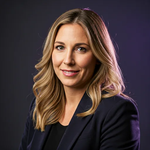 close-up portrait of a professional female coach with a confident smile, wearing a dark blazer, studio lighting with purple rim light