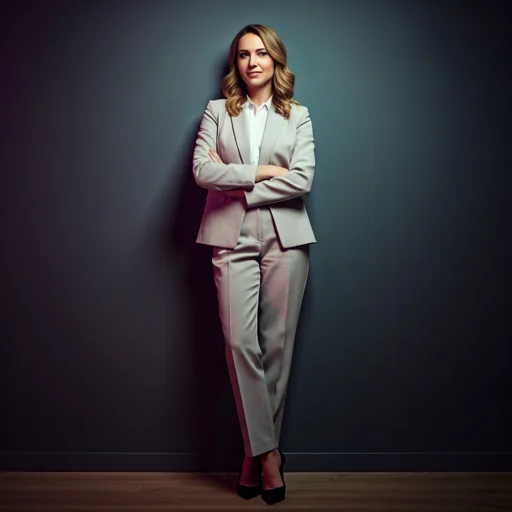full height professional portrait of a female entrepreneur leaning against a dark wall, elegant business attire, soft cinematic lighting with purple accents