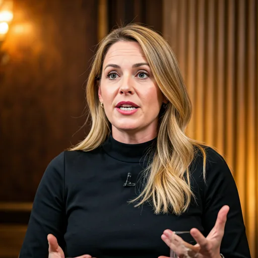 candid shot of a high-achieving female entrepreneur speaking at a high-end business conference, blurred luxurious background, elegant lighting
