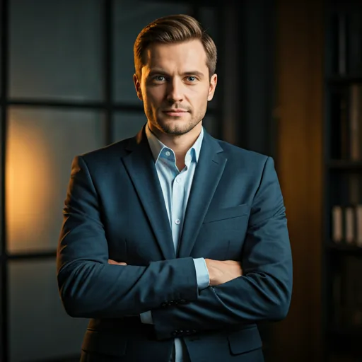 portrait of a successful male entrepreneur in a modern office, cinematic lighting, looking into the camera with pride