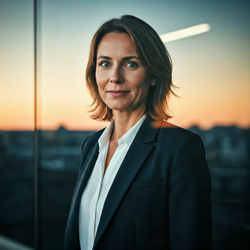 portrait of a confident female business leader in a glass office, sunset lighting reflecting off the glass
