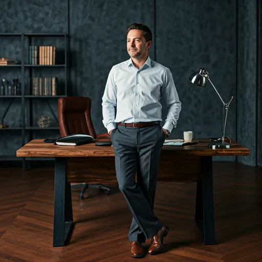 portrait of a relaxed but powerful businessman leaning against his desk, high-end loft office background