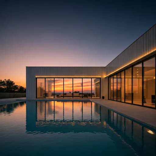 Ultra-luxury modern minimalist villa with expansive glass walls at golden hour, reflecting a warm sunset glow across a swimming pool.
