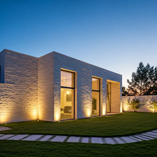 Sophisticated modern villa exterior with white stone walls and large windows overlooking a serene garden at dawn.