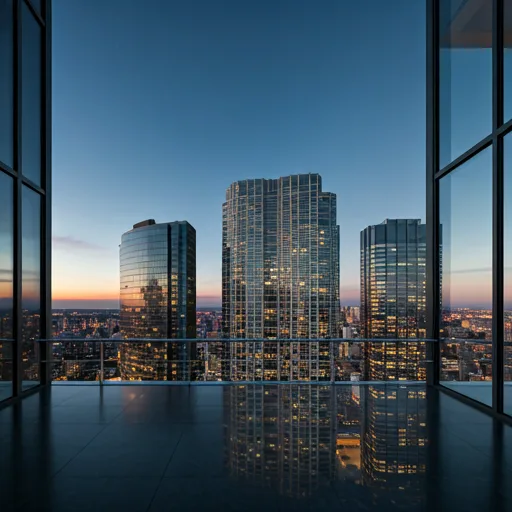 Exquisite contemporary penthouse with floor-to-ceiling windows and a luxury balcony overlooking a city skyline.