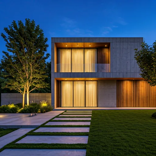 Luxurious architectural masterpiece residence with minimalist concrete and wood elements, high-end outdoor lighting.