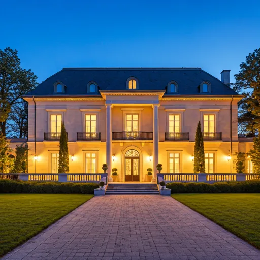 Elegant classic estate with symmetrical architecture, large garden, and warm atmospheric exterior lighting.