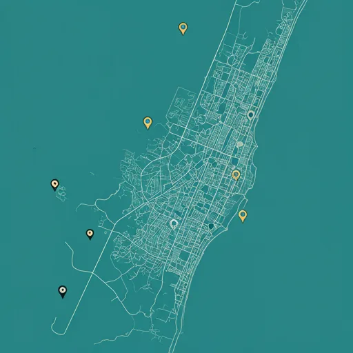Clean minimalist map of a luxury coastal district with pin points indicating available high-end properties.