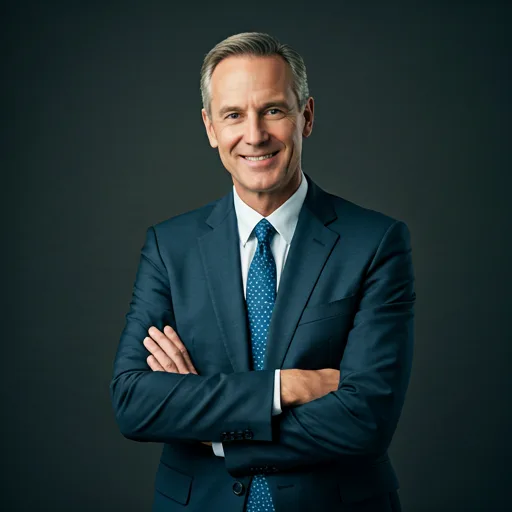 Professional business portrait of a senior real estate partner in a sharp dark suit, high-end studio lighting.