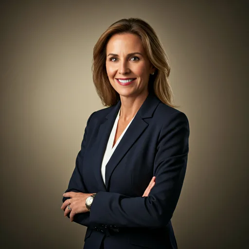 Elegant professional portrait of a female luxury real estate advisor in professional attire, neutral background.