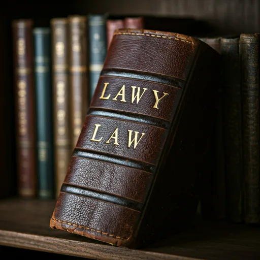 Macro photo of an old leather bound law book with gold foil lettering on a bookshelf