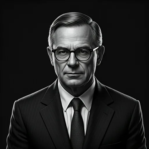 Sophisticated black and white portrait of a senior male lawyer with glasses in a dark suit