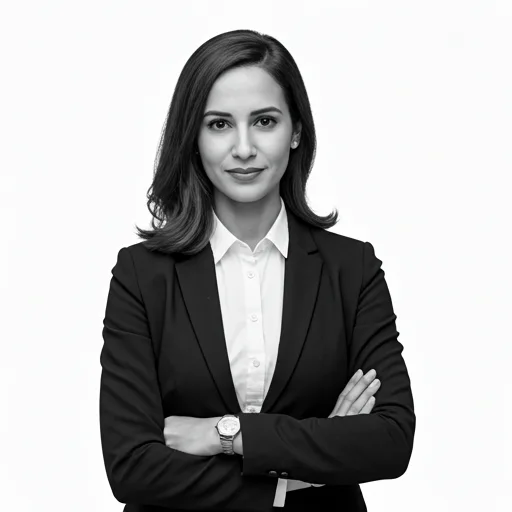 Modern black and white portrait of a female lawyer in professional attire looking confident
