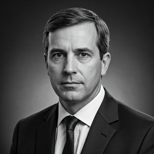 Classic black and white studio portrait of a lawyer in his 40s with a serious expression
