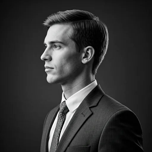 Professional black and white profile of a young male lawyer in a sharp suit