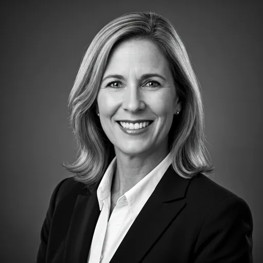 Black and white portrait of a middle-aged female lawyer with a warm professional smile