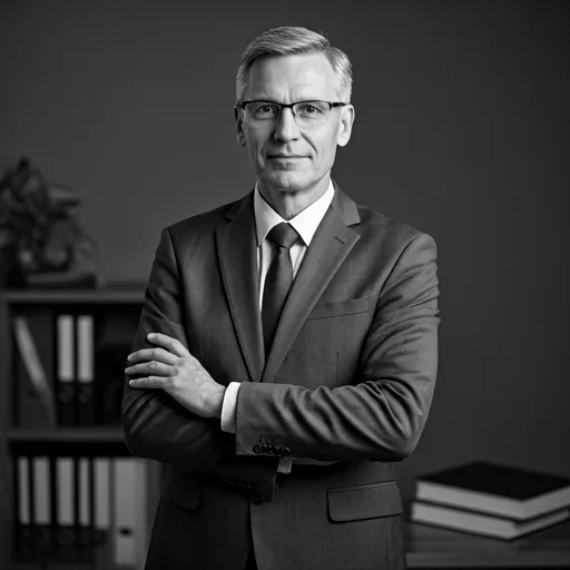 Confident black and white portrait of an experienced male lawyer standing in an office