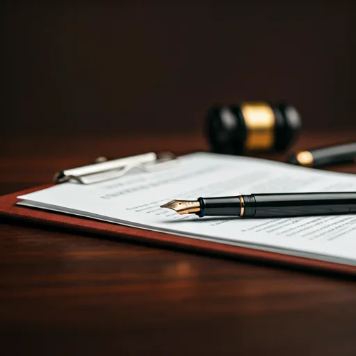 Close up of mahogany desk with fountain pen and legal documents in soft natural light