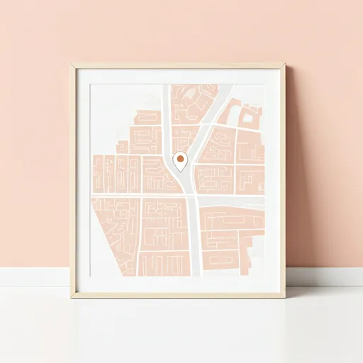 minimalist stylized map showing the studio location in an urban neighborhood with soft beige tones