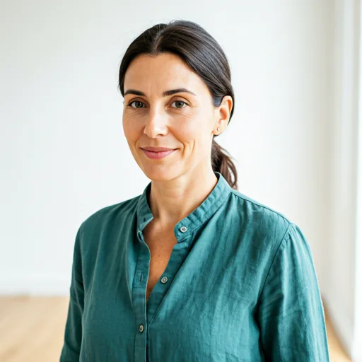 portrait of a calm female yoga instructor in earthy green linen clothing smiling softly in a bright studio