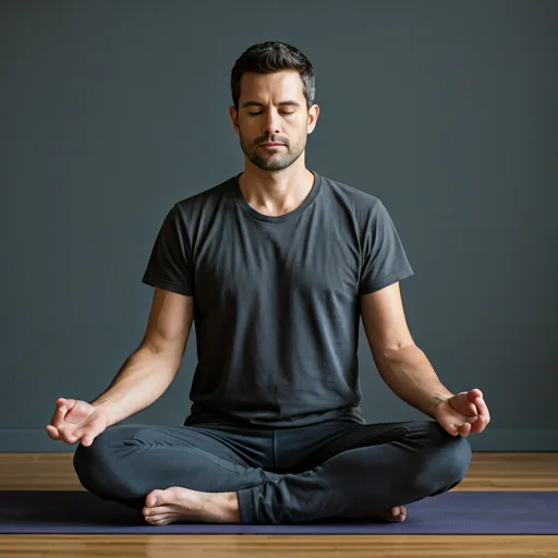 portrait of a male yoga instructor with focused expression sitting in a meditation pose