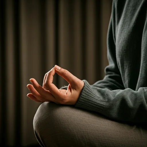 serene close-up of a person in deep meditation with soft focused lighting and textured fabric