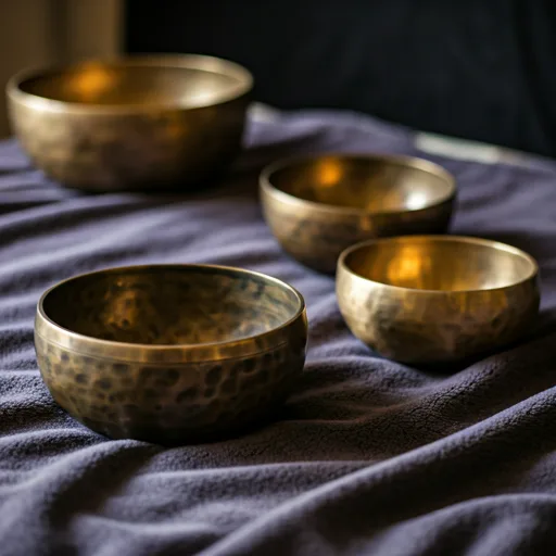 close-up of brass tibetan singing bowls on a soft blanket in a quiet room with dramatic low light