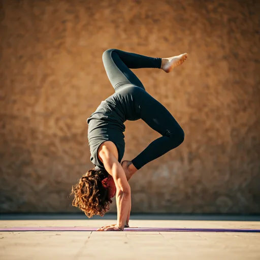 person demonstrating advanced arm balance yoga pose against a soft focus earthy wall