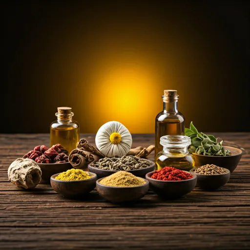 beautiful arrangement of ayurvedic herbs spices and oils on a wooden surface with a soft glow